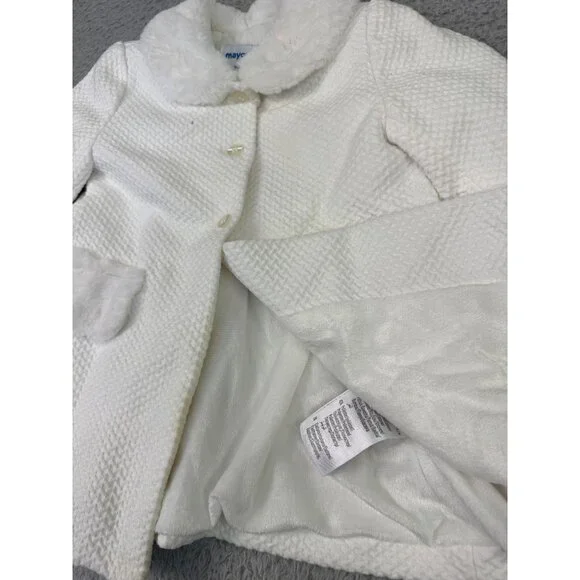 Mayoral Infant Girls White Textured Coat Faux Fur Collar Size 24M - Picture 11 of 16